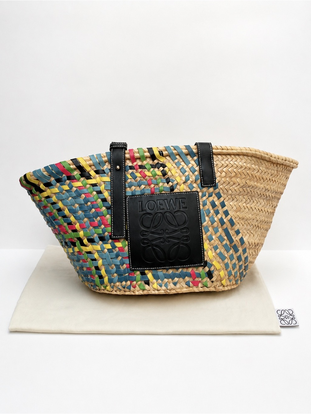 LOEWE Multicolor Woven Straw Basket Bag with Black Leather Patch